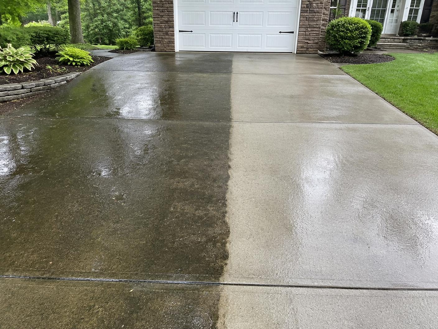 Concrete driveway mid-cleaning, dirty on one side and bright clean on the other