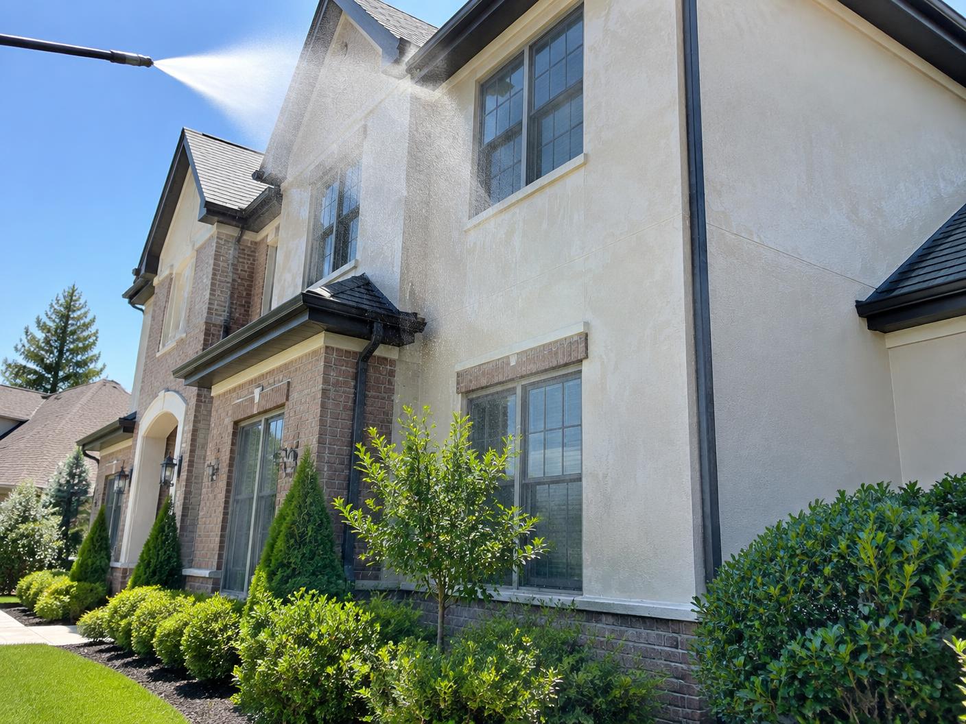 Soft washing the stucco and brick exterior of a two-story home